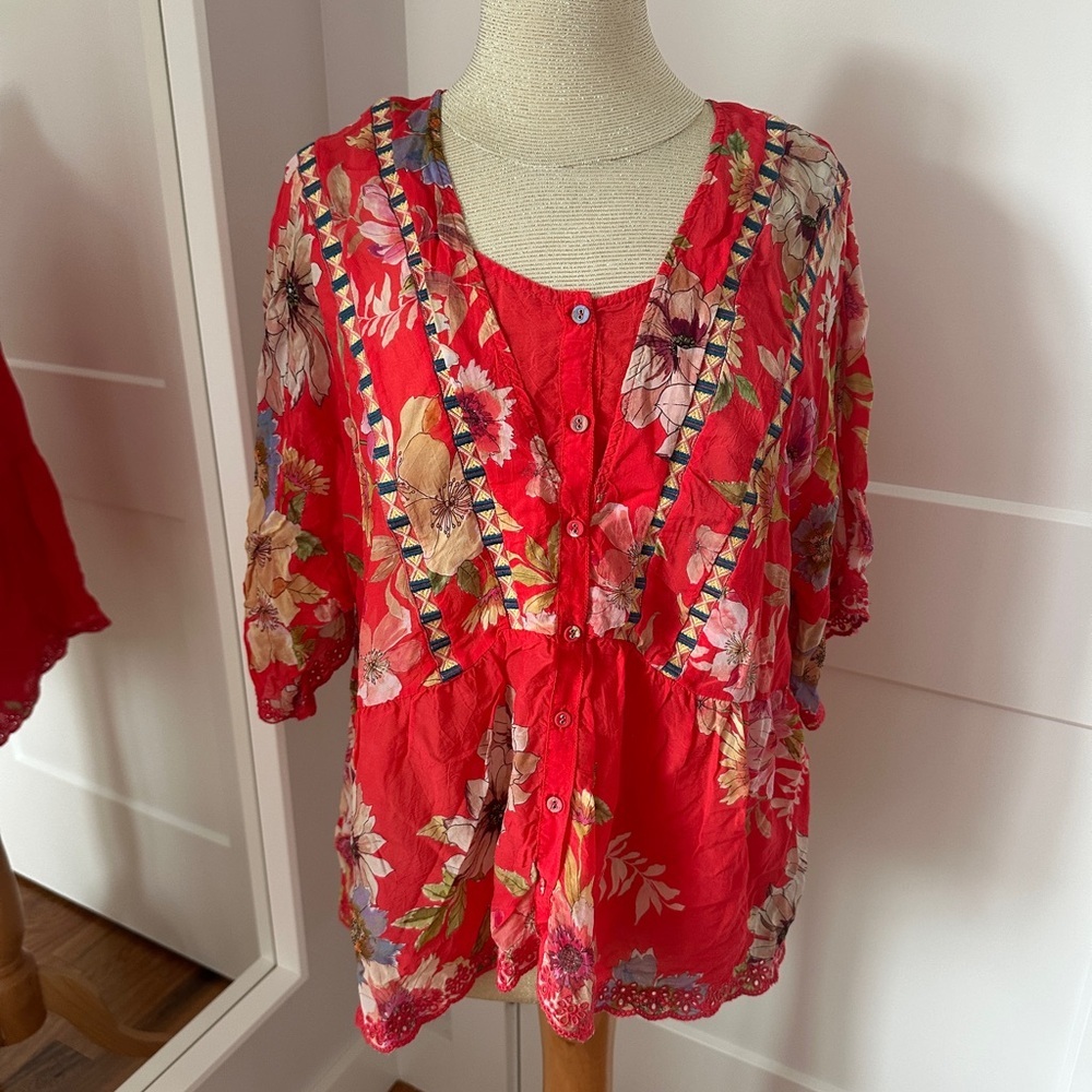 Johnny Was Ramona silk Coral Blouse - Picture 3 of 9